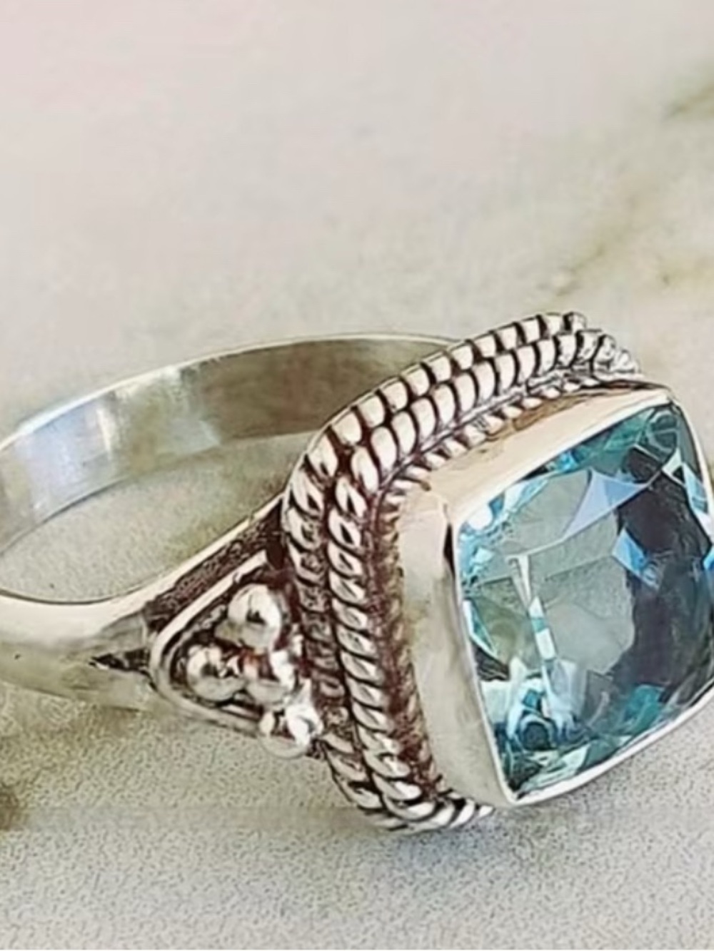 Sterling Silver Blue Topaz Cushion Ring with Rope Detail - Women's Jewelry